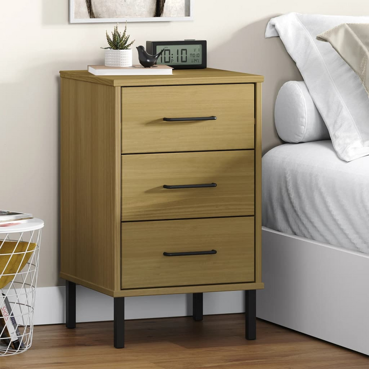 OSLO Bedside Cabinet with Metal Legs - Solid Wood Pine, Brown - 3 Drawer Industrial Nightstand - Premium  from Home Treasures - Just £50.99! Shop now at Home Treasures