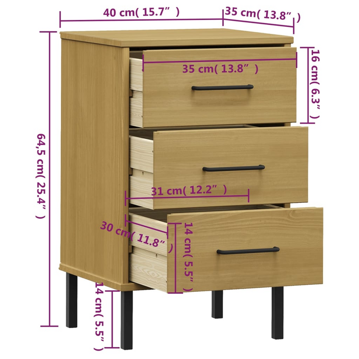 OSLO Bedside Cabinet with Metal Legs - Solid Wood Pine, Brown - 3 Drawer Industrial Nightstand - Premium  from Home Treasures - Just £50.99! Shop now at Home Treasures