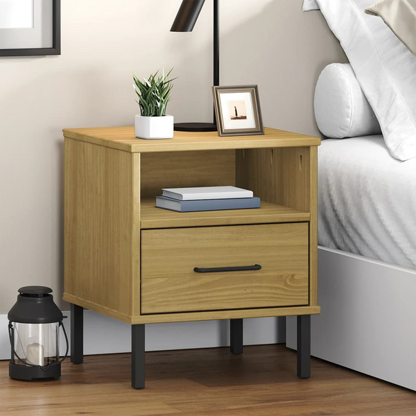 OSLO Bedside Cabinet - Solid Pine Wood, Metal Legs - Industrial Brown Nightstand - Premium  from Home Treasures - Just £56.99! Shop now at Home Treasures