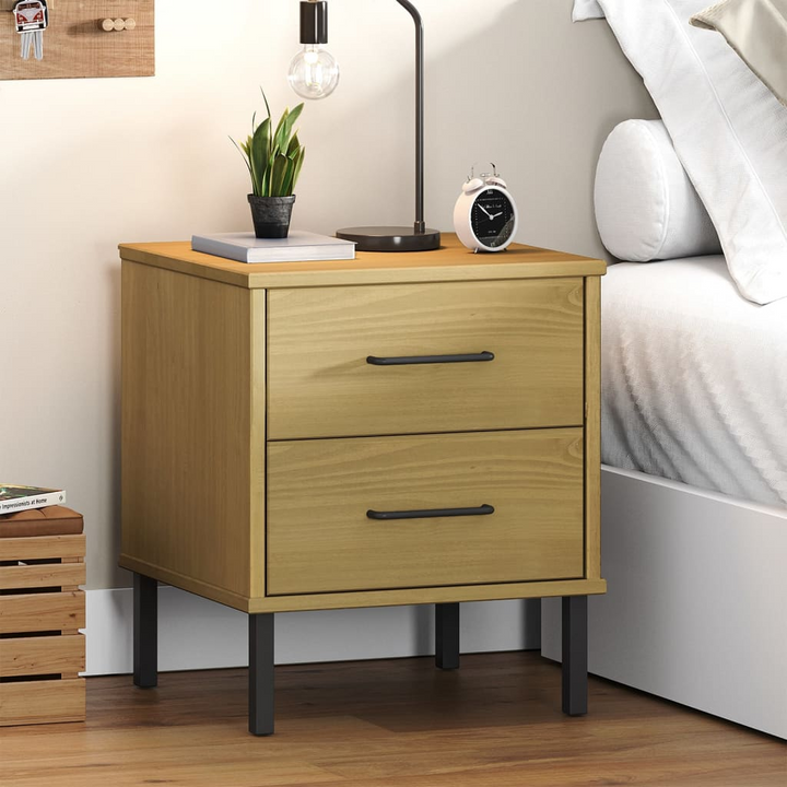 OSLO Bedside Cabinet with Metal Legs in Brown Solid Pine Wood, 2 Spacious Drawers, Industrial Style Nightstand - Premium  from Home Treasures - Just £47.99! Shop now at Home Treasures