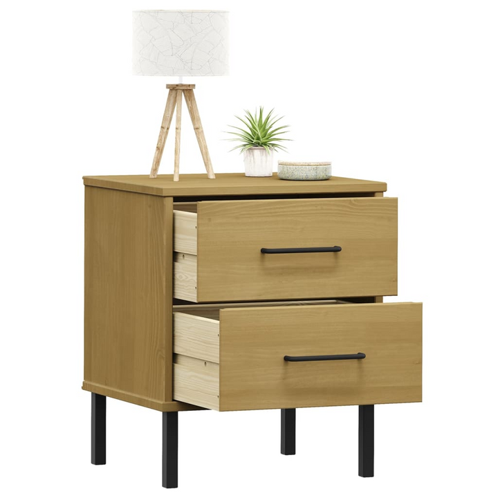 OSLO Bedside Cabinet with Metal Legs in Brown Solid Pine Wood, 2 Spacious Drawers, Industrial Style Nightstand - Premium  from Home Treasures - Just £47.99! Shop now at Home Treasures