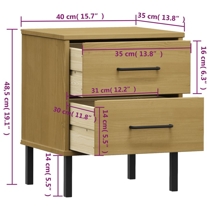 OSLO Bedside Cabinet with Metal Legs in Brown Solid Pine Wood, 2 Spacious Drawers, Industrial Style Nightstand - Premium  from Home Treasures - Just £47.99! Shop now at Home Treasures