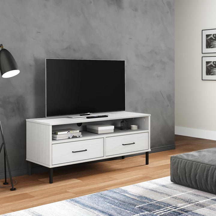 Stylish OSLO TV Cabinet with Metal Legs - White Solid Wood Pine | Modern Media Unit with Spacious Storage - Premium  from Home Treasures - Just £71.99! Shop now at Home Treasures