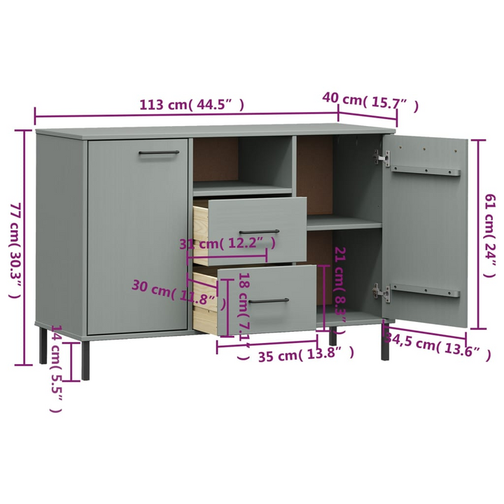 OSLO Sideboard with Metal Legs - Grey Solid Wood Storage Cabinet, 113x40x77 cm - Industrial Design & Ample Storage - Premium  from Home Treasures - Just £115.99! Shop now at Home Treasures