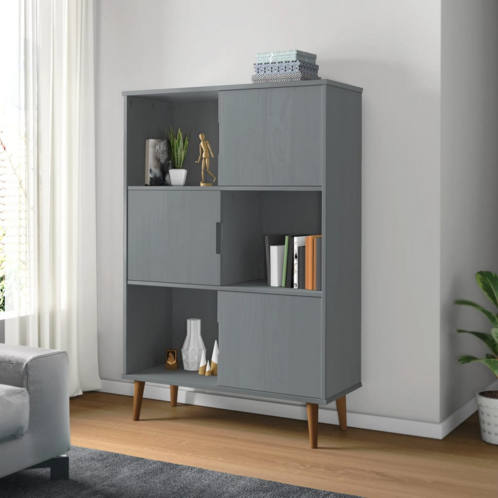 MOLDE Bookcase in Grey 90x35x133.5 cm - Solid Pine Wood, 6 Compartments, and 3 Doors for Stylish Storage - Premium  from Home Treasures - Just £95.99! Shop now at Home Treasures