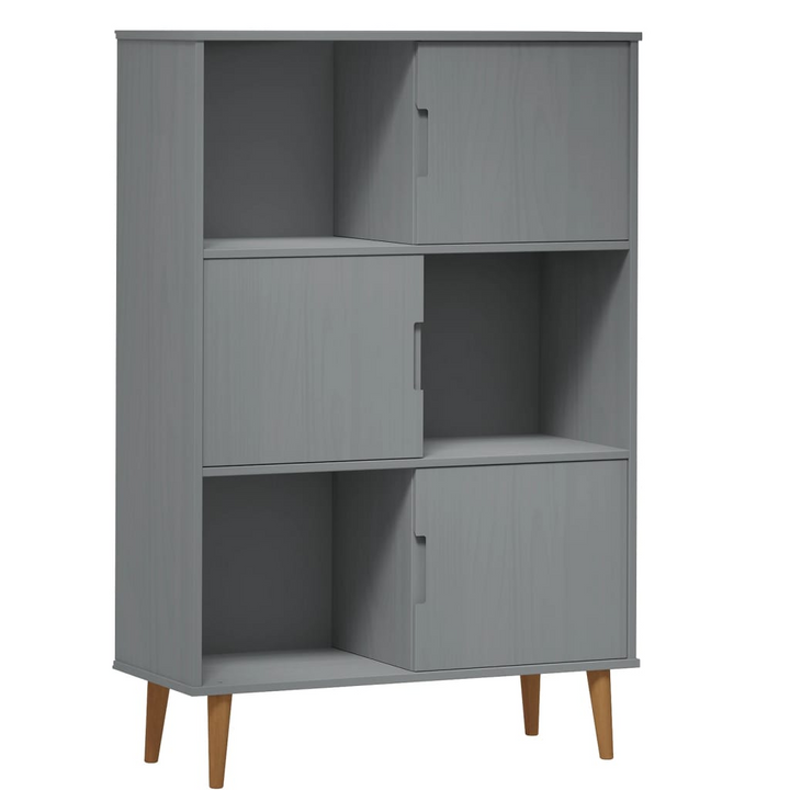 MOLDE Bookcase in Grey 90x35x133.5 cm - Solid Pine Wood, 6 Compartments, and 3 Doors for Stylish Storage - Premium  from Home Treasures - Just £95.99! Shop now at Home Treasures