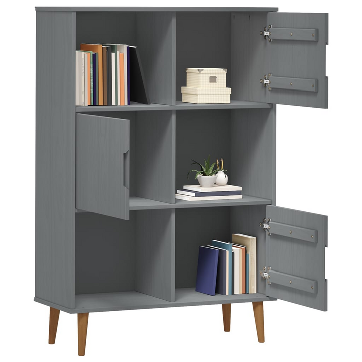 MOLDE Bookcase in Grey 90x35x133.5 cm - Solid Pine Wood, 6 Compartments, and 3 Doors for Stylish Storage - Premium  from Home Treasures - Just £95.99! Shop now at Home Treasures