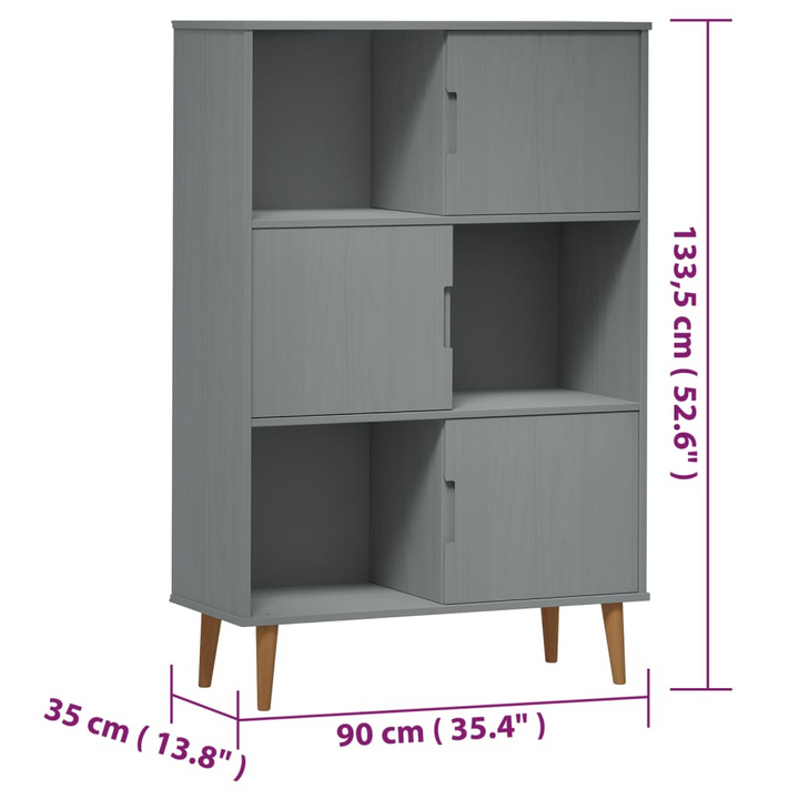 MOLDE Bookcase in Grey 90x35x133.5 cm - Solid Pine Wood, 6 Compartments, and 3 Doors for Stylish Storage - Premium  from Home Treasures - Just £95.99! Shop now at Home Treasures