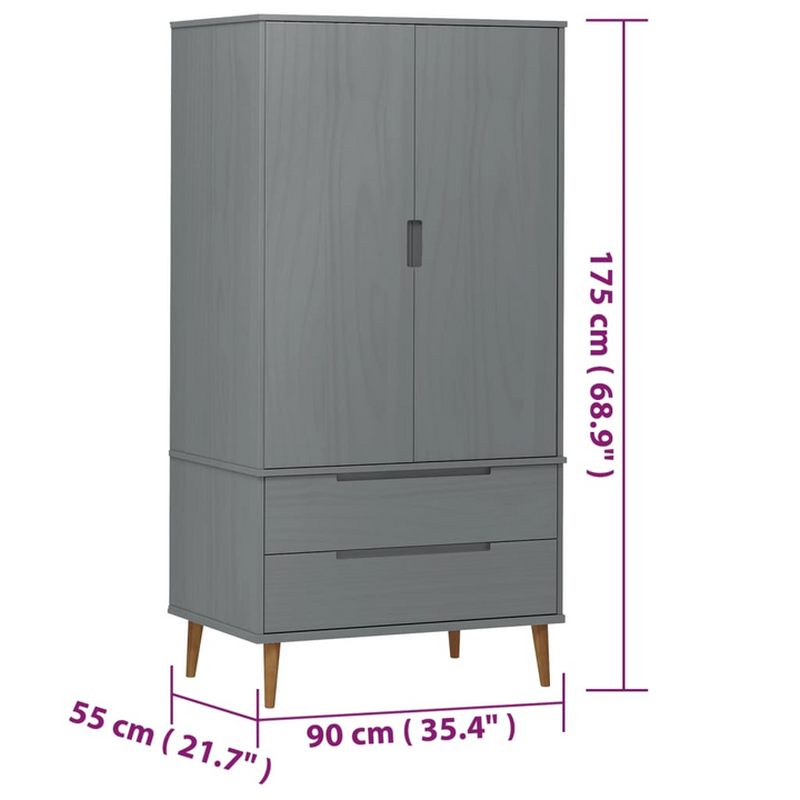 MOLDE Wardrobe in Grey - 90x55x175 cm | Solid Pine Wood | Ample Storage | Scandinavian Design - Premium  from Home Treasures - Just £348.99! Shop now at Home Treasures