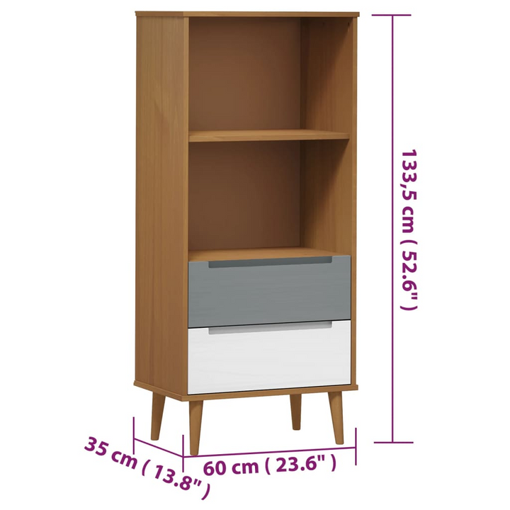 MOLDE Solid Wood Pine Bookcase - Elegant Brown, 60x35x133.5 cm, with 2 Drawers and 2 Shelving Compartments - Scandinavian Design - Premium  from Home Treasures - Just £69.99! Shop now at Home Treasures