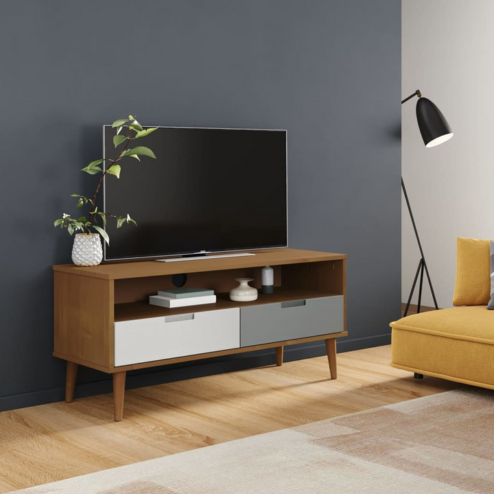 Stylish MOLDE TV Cabinet in Brown - Solid Pine Wood with UV Varnish Finish, 106x40x49 cm - Premium  from Home Treasures - Just £73.99! Shop now at Home Treasures