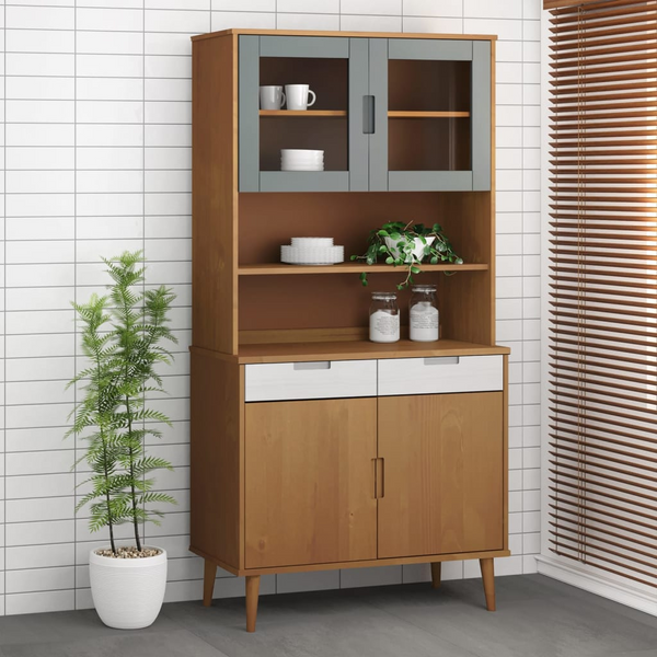 MOLDE Highboard Top in Brown - 90x35x100 cm - Solid Pine Wood with UV Varnish Finish and Tempered Glass Doors - Premium  from Home Treasures - Just £130.99! Shop now at Home Treasures