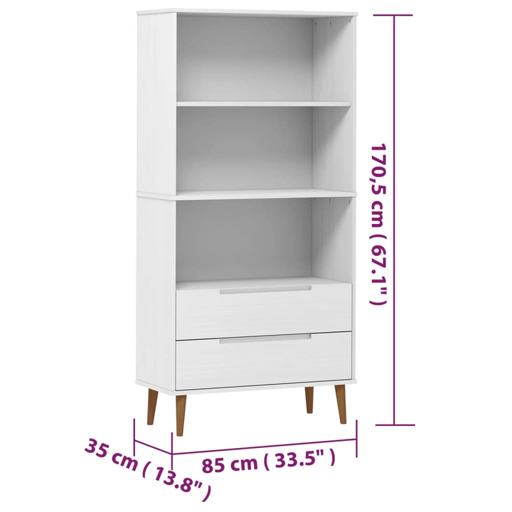 MOLDE Wooden Bookcase in White 85x35x170.5 cm - Solid Pine Wood, UV Varnish Finish, Ample Storage Space - Premium  from Home Treasures - Just £208.99! Shop now at Home Treasures