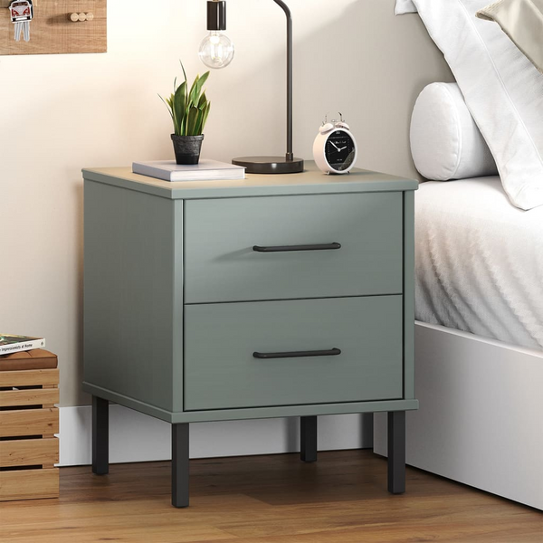 OSLO Bedside Cabinet with Metal Legs - Grey Solid Pine Wood, 2 Drawers - Premium  from Home Treasures - Just £66.99! Shop now at Home Treasures