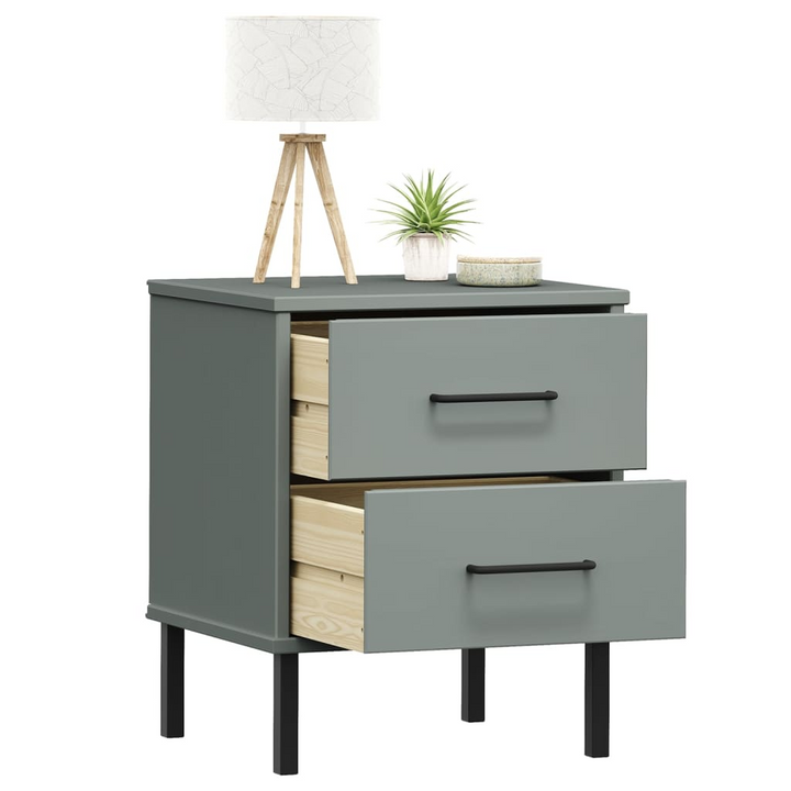 OSLO Bedside Cabinet with Metal Legs - Grey Solid Pine Wood, 2 Drawers - Premium  from Home Treasures - Just £66.99! Shop now at Home Treasures