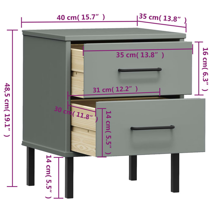 OSLO Bedside Cabinet with Metal Legs - Grey Solid Pine Wood, 2 Drawers - Premium  from Home Treasures - Just £66.99! Shop now at Home Treasures