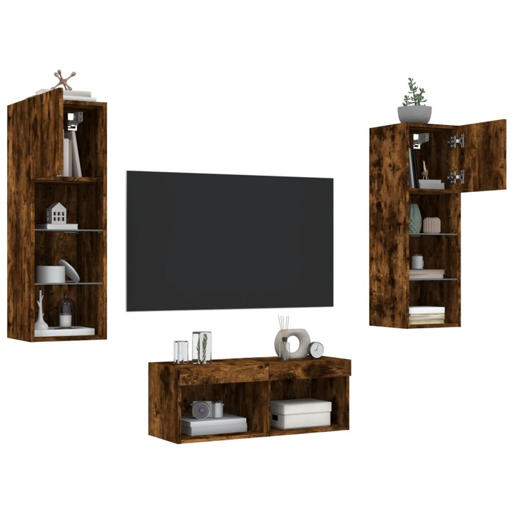 4 Piece TV Wall Cabinets with Customizable RGB LED Lights, Smoked Oak Finish - Modern Floating Units for Spacious Living Rooms - Premium  from Home Treasures - Just £142.99! Shop now at Home Treasures