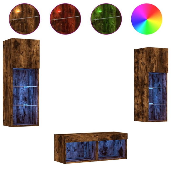 4 Piece TV Wall Cabinets with Customizable RGB LED Lights, Smoked Oak Finish - Modern Floating Units for Spacious Living Rooms - Premium  from Home Treasures - Just £142.99! Shop now at Home Treasures