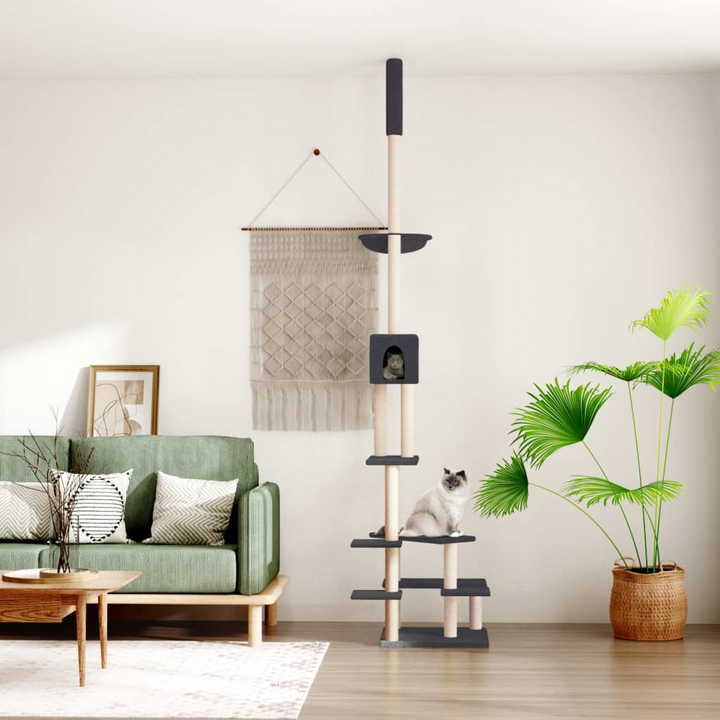 Floor to Ceiling Cat Tree in Dark Grey - Adjustable Height 268.5-294.5 cm, Multiple Levels, Sisal Posts, Plush Material - Premium  from Home Treasures - Just £80.99! Shop now at Home Treasures