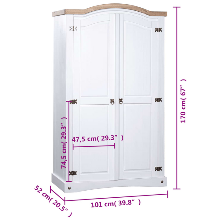 CORONA Wardrobe Mexican Pine, 2 Doors in White - Rustic Charm & Spacious Storage - Premium  from Home Treasures - Just £431.99! Shop now at Home Treasures