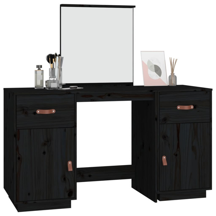 Elegant Black Solid Pine Wood Dressing Table Set with Mirror - Functional Vanity Desk with Ample Storage - Premium  from Home Treasures - Just £265.99! Shop now at Home Treasures