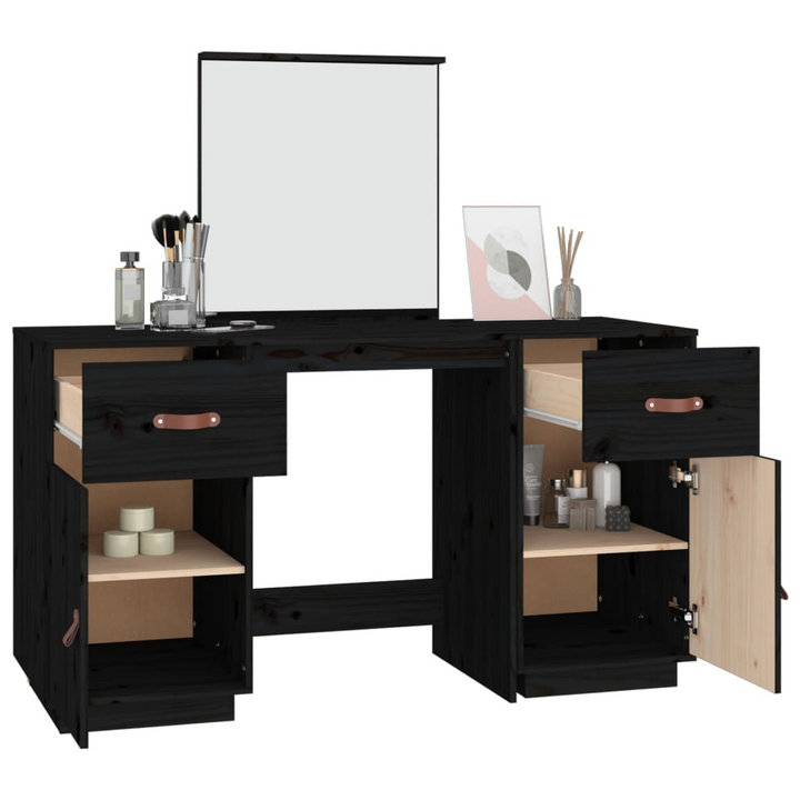 Elegant Black Solid Pine Wood Dressing Table Set with Mirror - Functional Vanity Desk with Ample Storage - Premium  from Home Treasures - Just £265.99! Shop now at Home Treasures