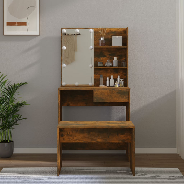 Dressing Table Set with LED Mirror - Smoked Oak Finish - Vanity with Stool and Storage - Premium  from Home Treasures - Just £111.99! Shop now at Home Treasures