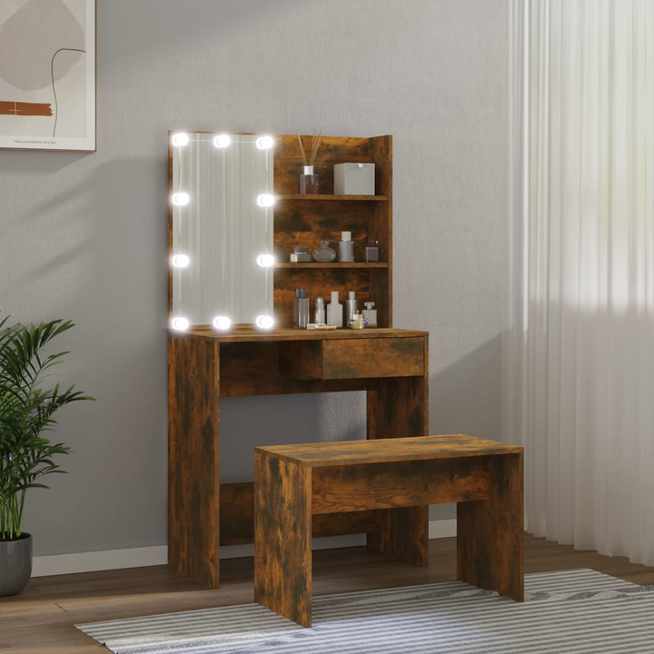 Dressing Table Set with LED Mirror - Smoked Oak Finish - Vanity with Stool and Storage - Premium  from Home Treasures - Just £111.99! Shop now at Home Treasures