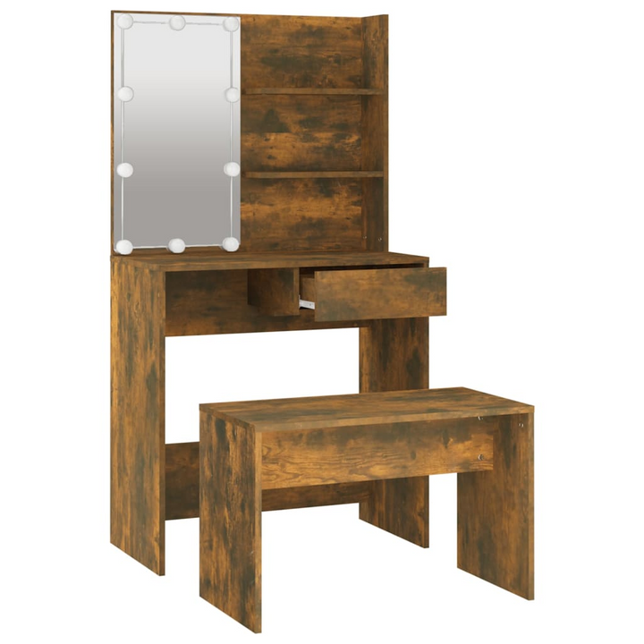 Dressing Table Set with LED Mirror - Smoked Oak Finish - Vanity with Stool and Storage - Premium  from Home Treasures - Just £111.99! Shop now at Home Treasures