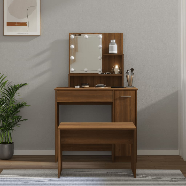 Elegant Brown Oak Dressing Table Set with LED Lighting & Mirror - Engineered Wood Vanity with Stool & Ample Storage - Premium  from Home Treasures - Just £127.99! Shop now at Home Treasures