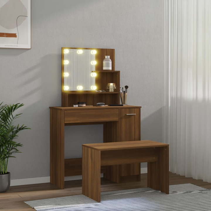 Elegant Brown Oak Dressing Table Set with LED Lighting & Mirror - Engineered Wood Vanity with Stool & Ample Storage - Premium  from Home Treasures - Just £127.99! Shop now at Home Treasures