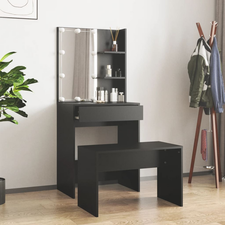 Modern Black Dressing Table Set with LED Lights, Stool & USB-Powered Mirror - Sleek Engineered Wood Makeup Vanity with Ample Storage - Premium  from Home Treasures - Just £117.99! Shop now at Home Treasures