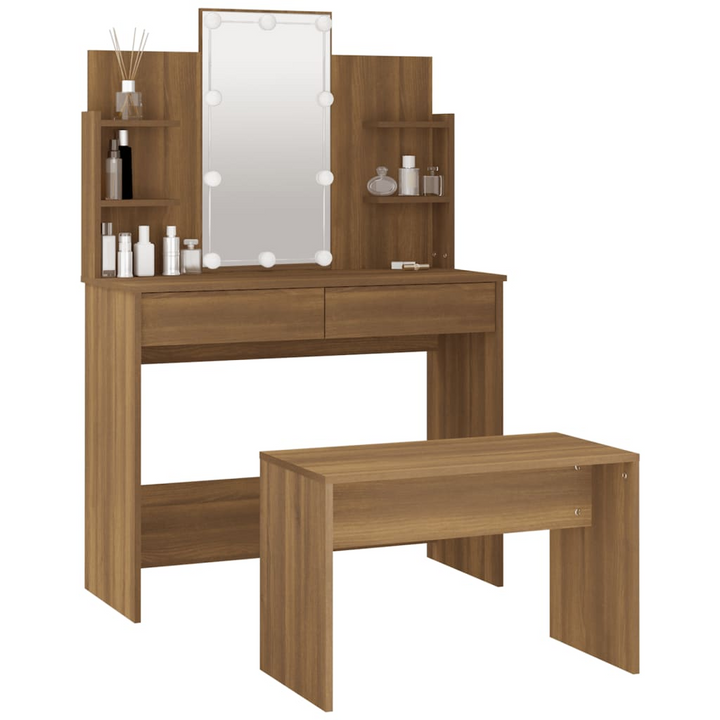 Elegant Engineered Wood Vanity with Mirror & Stool – Brown Oak Dressing Table Set with LED Lights - Premium  from Home Treasures - Just £187.99! Shop now at Home Treasures