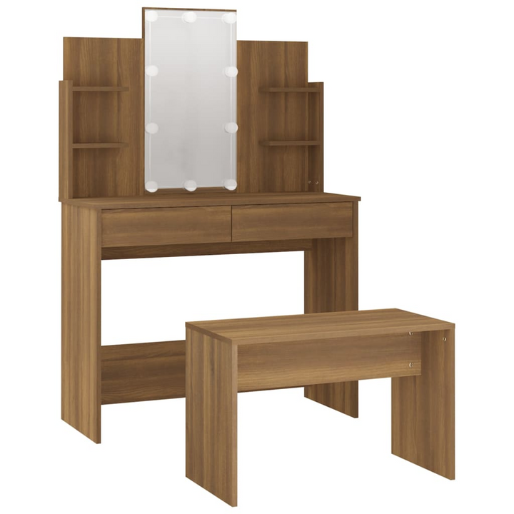 Elegant Engineered Wood Vanity with Mirror & Stool – Brown Oak Dressing Table Set with LED Lights - Premium  from Home Treasures - Just £187.99! Shop now at Home Treasures