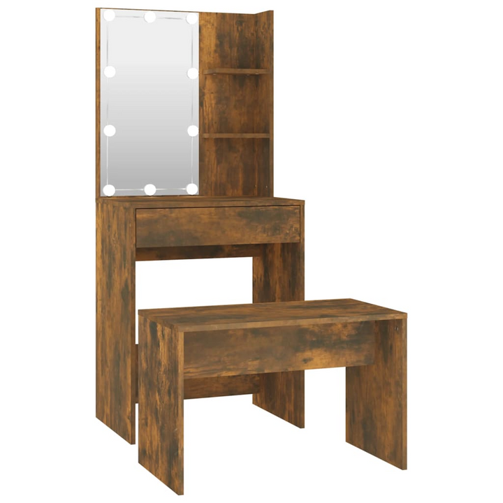 Modern Dressing Table Set with LED Lights, Smoked Oak Finish, Vanity Mirror & Stool - Premium  from Home Treasures - Just £107.99! Shop now at Home Treasures