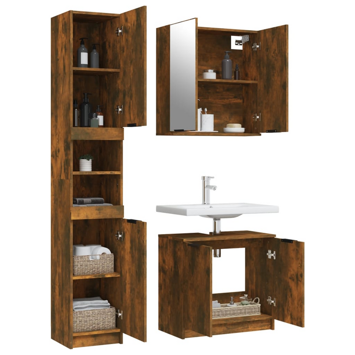 3 Piece Bathroom Cabinet Set - Smoked Oak Finish | Engineered Wood | Ample Storage & Stylish Design - Premium  from Home Treasures - Just £211.99! Shop now at Home Treasures