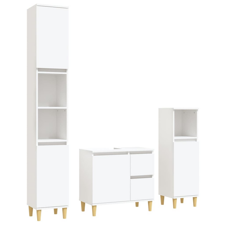 3 Piece Bathroom Cabinet Set - White Engineered Wood with Solid Eucalyptus Feet, Ample Storage, and Modern Design - Premium  from Home Treasures - Just £192.99! Shop now at Home Treasures