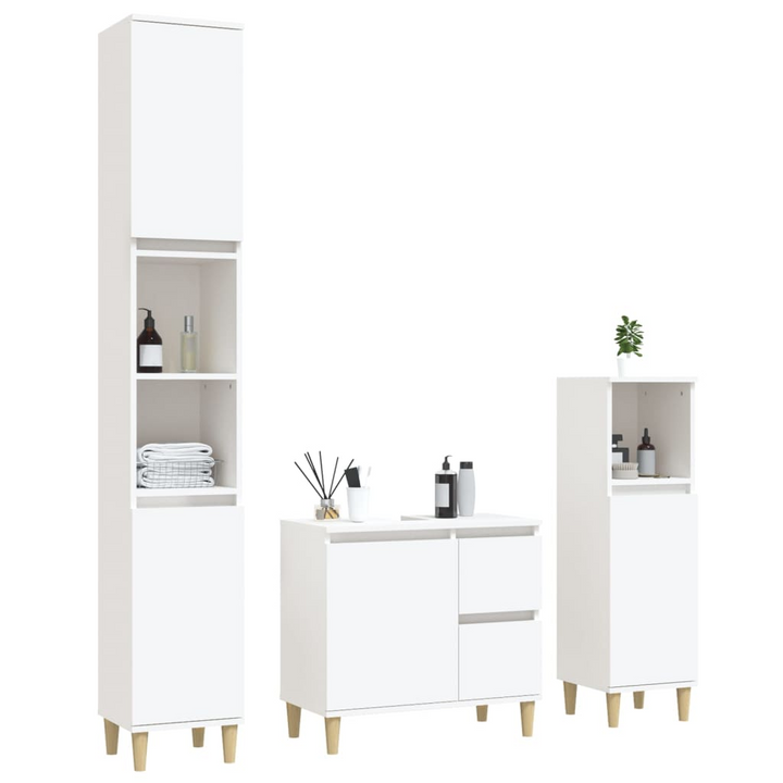 3 Piece Bathroom Cabinet Set - White Engineered Wood with Solid Eucalyptus Feet, Ample Storage, and Modern Design - Premium  from Home Treasures - Just £192.99! Shop now at Home Treasures