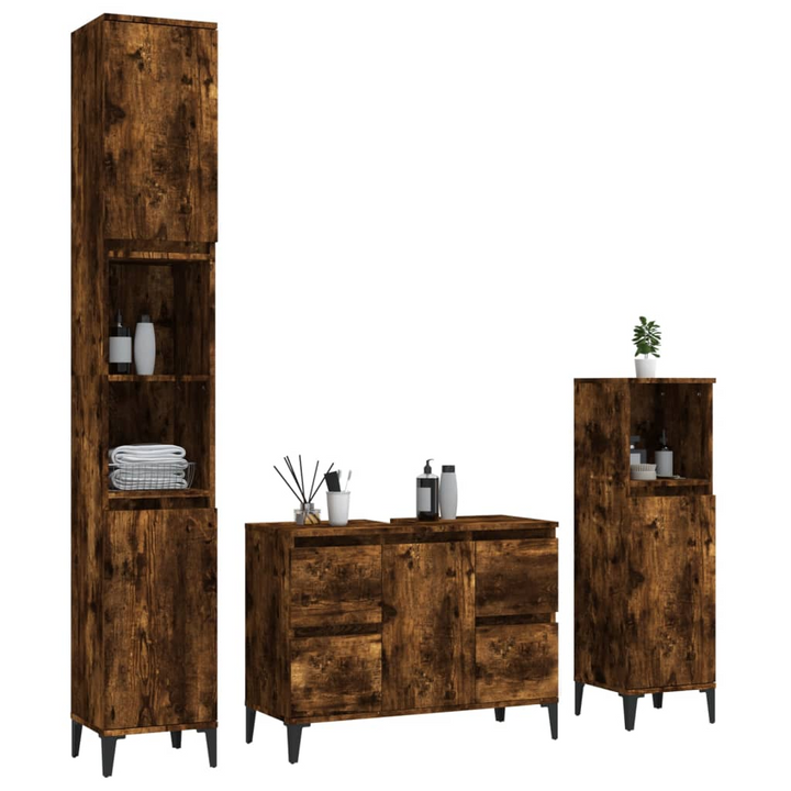 3 Piece Bathroom Furniture Set in Smoked Oak - Engineered Wood Cabinets with Ample Storage and Modern Design - Premium  from Home Treasures - Just £218.99! Shop now at Home Treasures