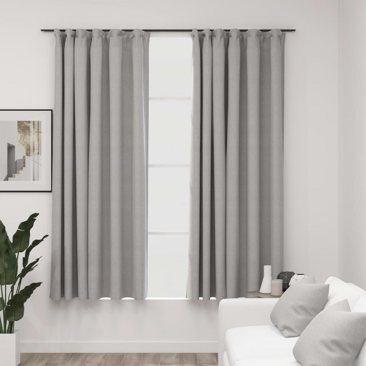 Linen-Look Blackout Curtains with Hooks - 2 pcs Grey 140x175 cm - Stylish & Functional Window Treatment - Premium  from Home Treasures - Just £38.99! Shop now at Home Treasures