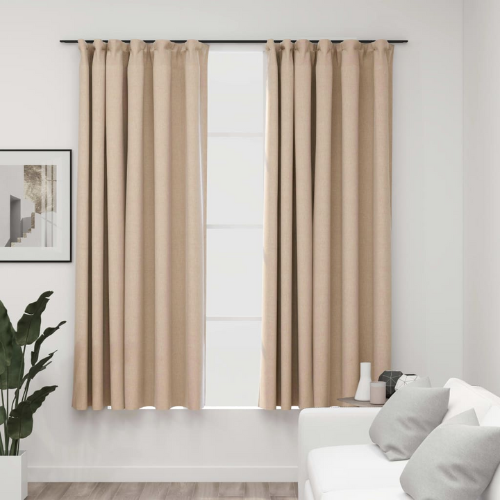 Linen-Look Blackout Curtains with Hooks in Beige - 2 Pcs, 140x175 cm | Elegant & Energy Saving Drapes - Premium  from Home Treasures - Just £36.99! Shop now at Home Treasures