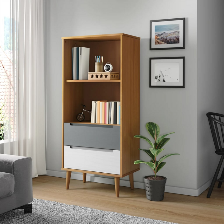 MOLDE Solid Wood Pine Bookcase - Elegant Brown, 60x35x133.5 cm, with 2 Drawers and 2 Shelving Compartments - Scandinavian Design - Premium  from Home Treasures - Just £69.99! Shop now at Home Treasures