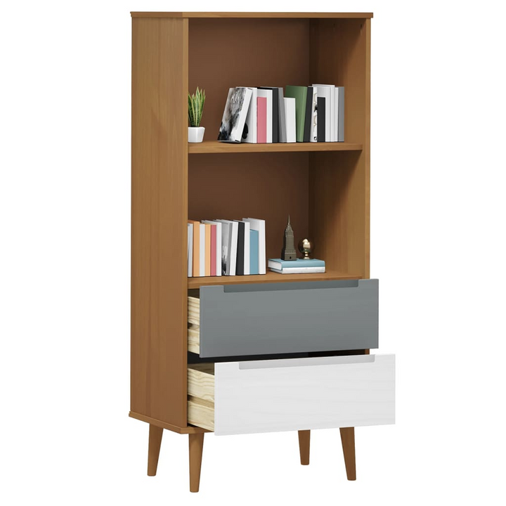 MOLDE Solid Wood Pine Bookcase - Elegant Brown, 60x35x133.5 cm, with 2 Drawers and 2 Shelving Compartments - Scandinavian Design - Premium  from Home Treasures - Just £69.99! Shop now at Home Treasures