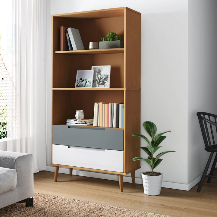 MOLDE Solid Pine Wood Bookcase in Brown - 85x35x170.5 cm | Scandinavian Design | Ample Storage | UV Varnish Finish - Premium  from Home Treasures - Just £105.99! Shop now at Home Treasures