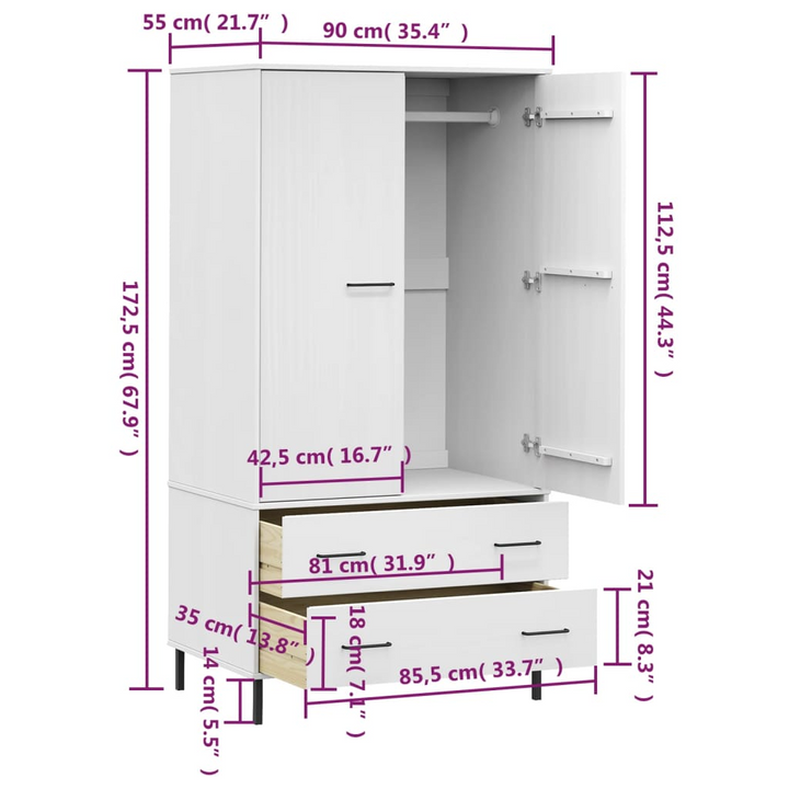 OSLO Solid Wood Wardrobe with Metal Legs in White - 2 Doors & 2 Drawers - 90x55x172.5 cm - Premium  from Home Treasures - Just £314.99! Shop now at Home Treasures