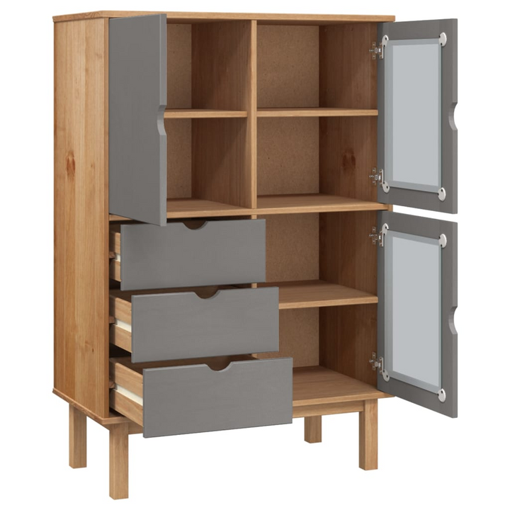 OTTA Highboard in Brown and Grey - 85x43x125 cm, Solid Wood Pine Storage Cabinet with Drawers and Doors - Premium  from Home Treasures - Just £263.99! Shop now at Home Treasures