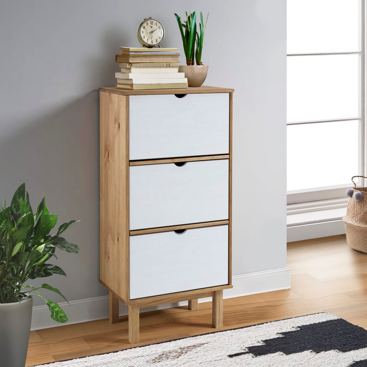 OTTA Shoe Cabinet with 3 Drawers - Brown & White Solid Pine Wood Storage Organizer - Premium  from Home Treasures - Just £154.99! Shop now at Home Treasures