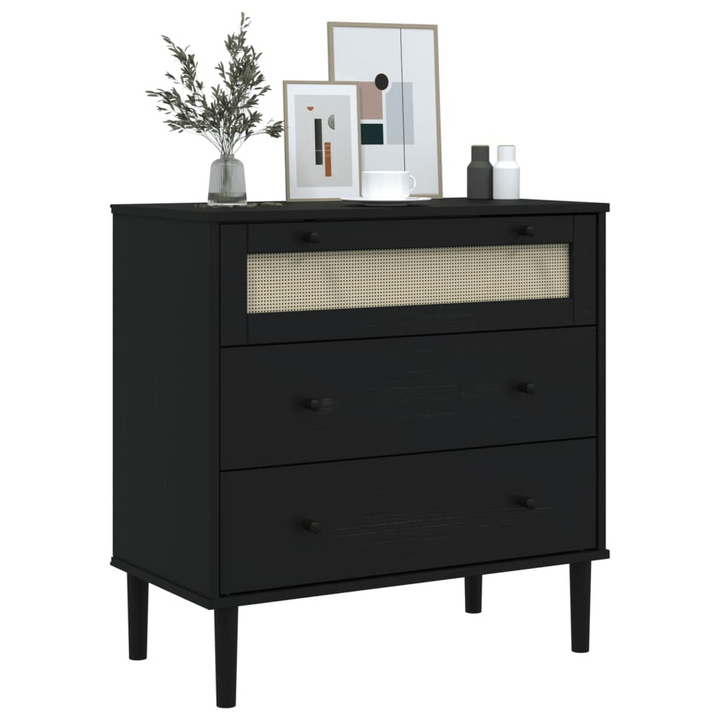 SENJA Drawer Cabinet - Rattan Look, Black, 80x40x80 cm, Solid Pine Wood - Elegant & Functional Storage Solution - Premium  from Home Treasures - Just £146.99! Shop now at Home Treasures