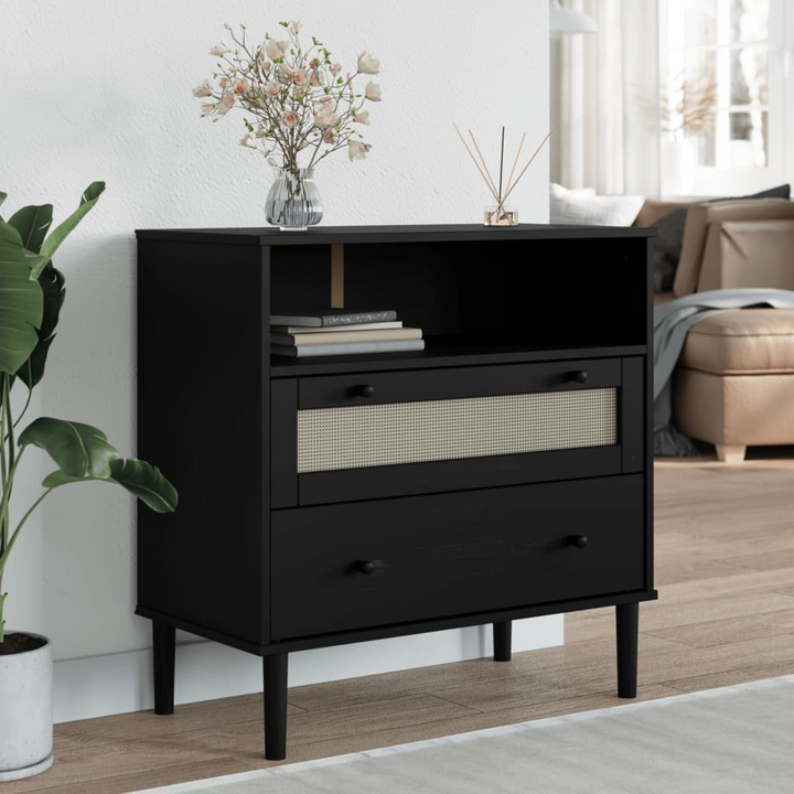 SENJA Sideboard with Rattan Look in Black - 80x40x80 cm, Solid Pine Wood, Midcentury Boho Style Furniture - Premium  from Home Treasures - Just £93.99! Shop now at Home Treasures