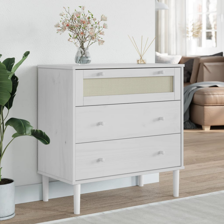 SENJA Drawer Cabinet - Elegant White Rattan Look, Solid Pine Wood, 80x40x80 cm | Stylish Storage Solution - Premium  from Home Treasures - Just £98.99! Shop now at Home Treasures